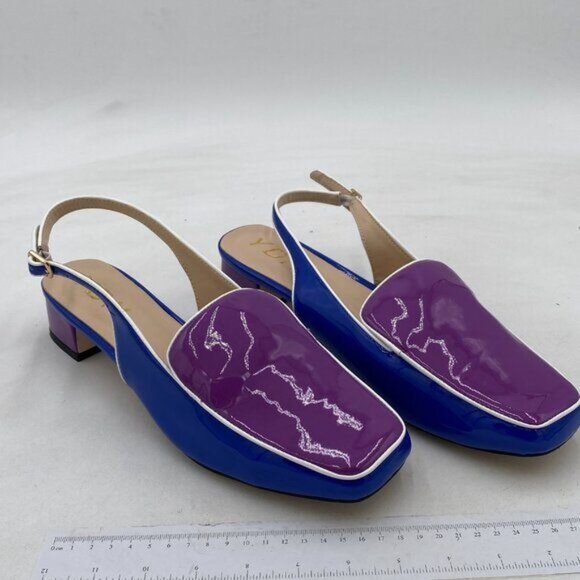 YDN Blue and Purple Closed Square Toe Block Low Heels Slingback Loafer Shoes - Picture 4 of 8